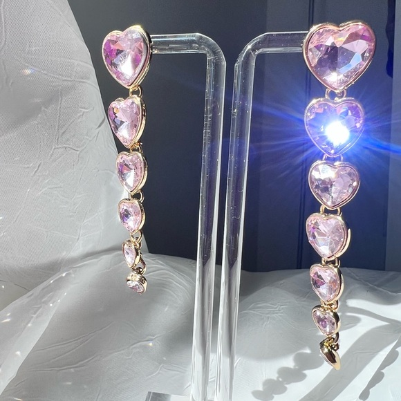 New Light Pink Heart Crystal Long Dangly Drop Earrings Alessandra Rich Style - Picture 6 of 9